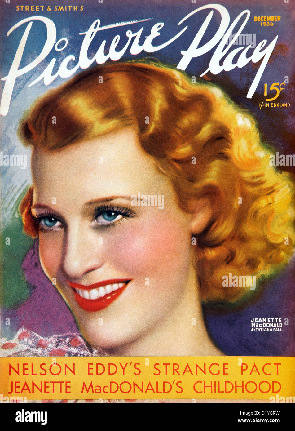 JEANETTE MacDONALD (1903-1965) chanteuse et actrice du film US sur la couverture de décembre 1936 fan magazine Photo Jouer Banque D'Images