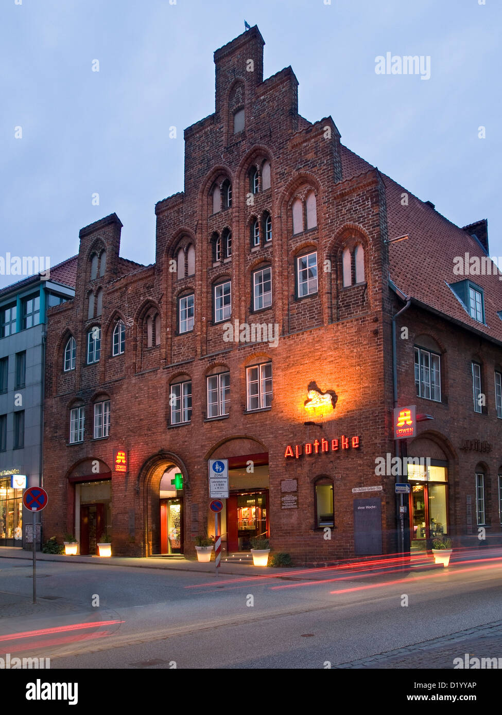 Pharmacie du Lion, ville hanséatique de Lübeck, Schleswig Holstein, Allemagne Banque D'Images