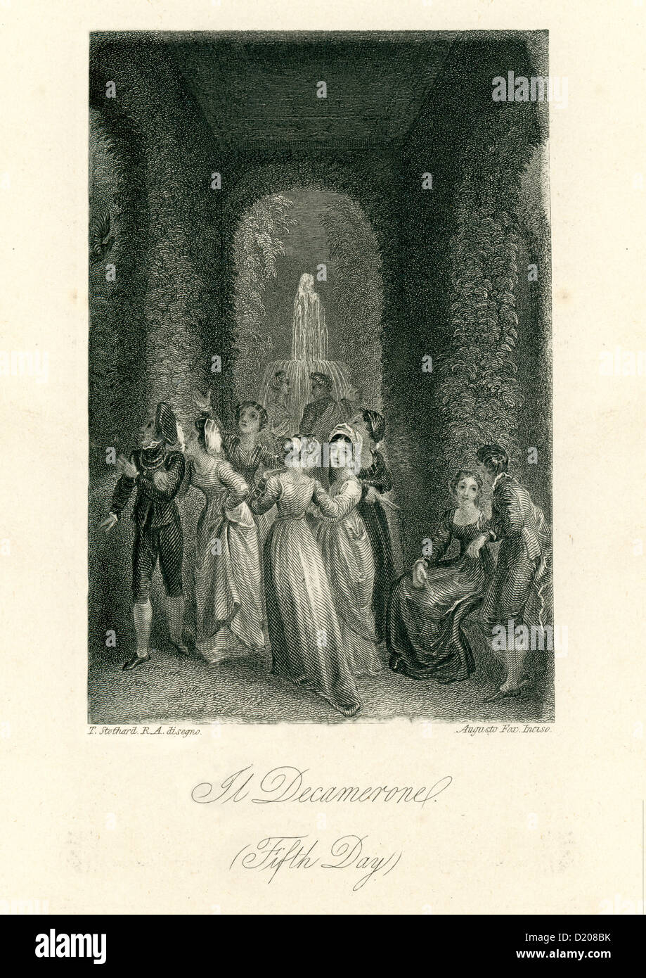 Gravure montrant le dixième jour du Decameron. Le Decameron est un 14e siècle Allégorie médiévale par Giovanni Boccaccio, Banque D'Images