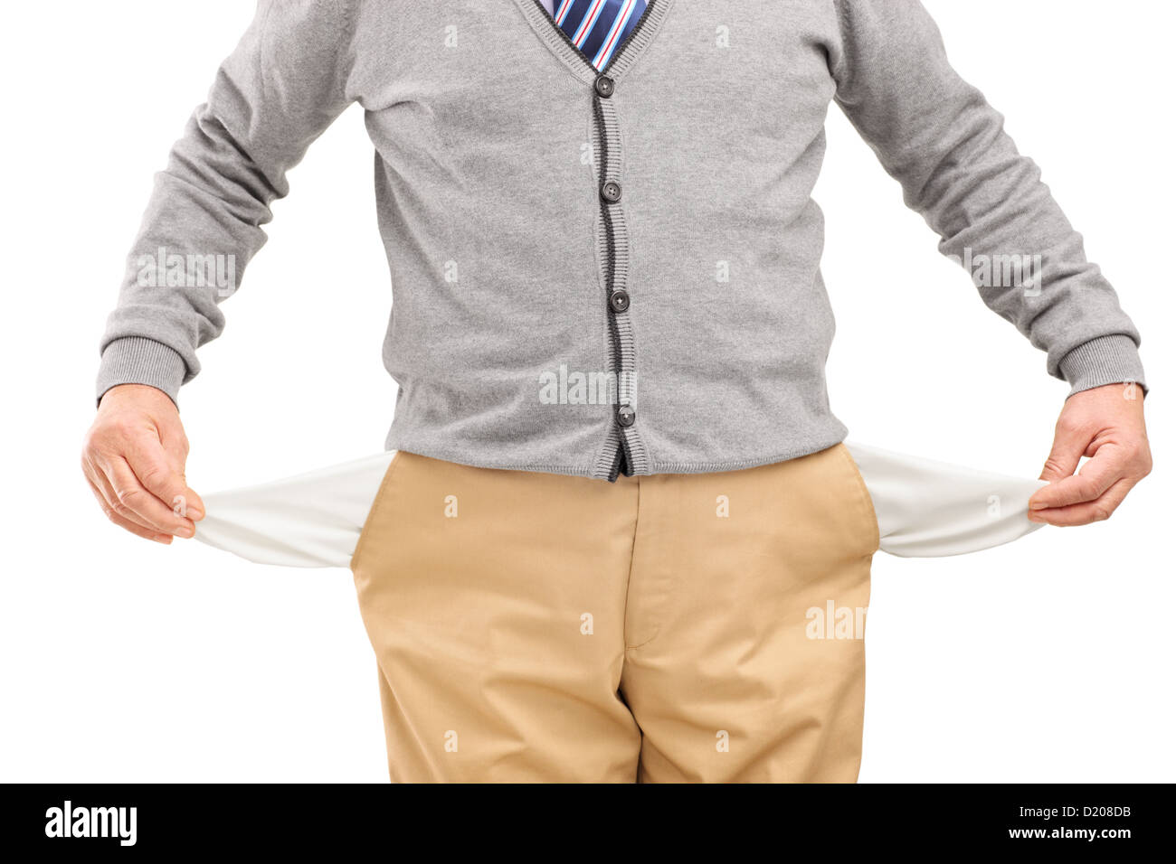 Man showing his poches vides isolé sur fond blanc Banque D'Images