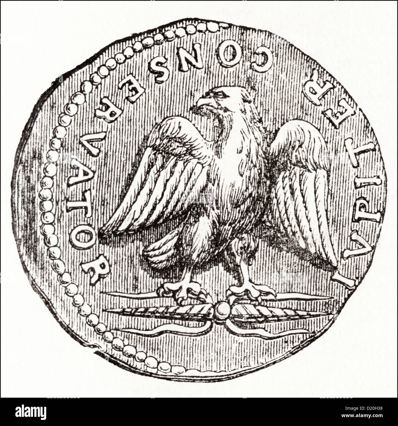 Pièce de monnaie romaine avec eagle inscription roulement IVPITER restaurateur. La gravure sur bois victorien circa 1845 Banque D'Images