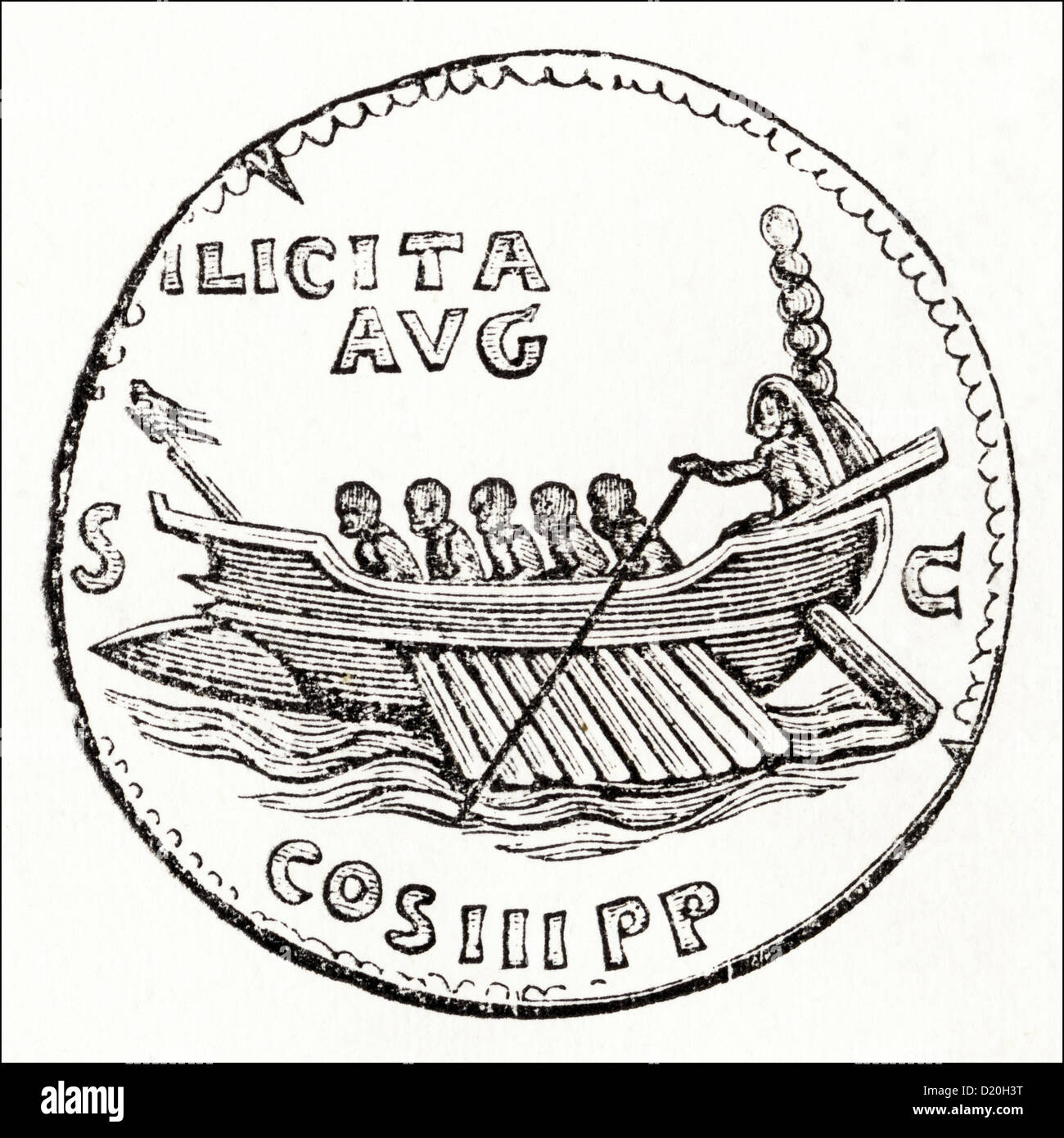 Pièce de monnaie romaine avec bloc portant inscription ILICITA S C AVG COS III PP. La gravure sur bois victorien circa 1845 Banque D'Images