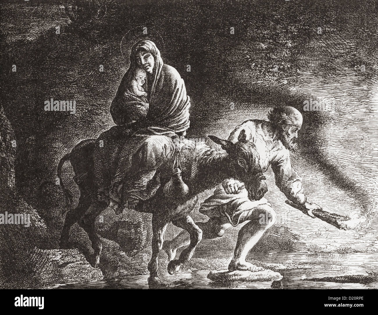 La fuite en Egypte après la peinture de Christian Wilhelm Ernst Dietrich. Banque D'Images