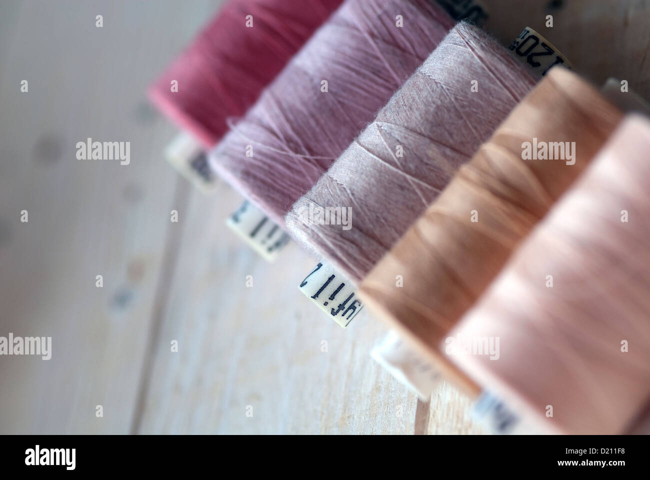 Bobines de fil de coton dans des tons de rose ou tout de suite contre un fond de bois. Banque D'Images