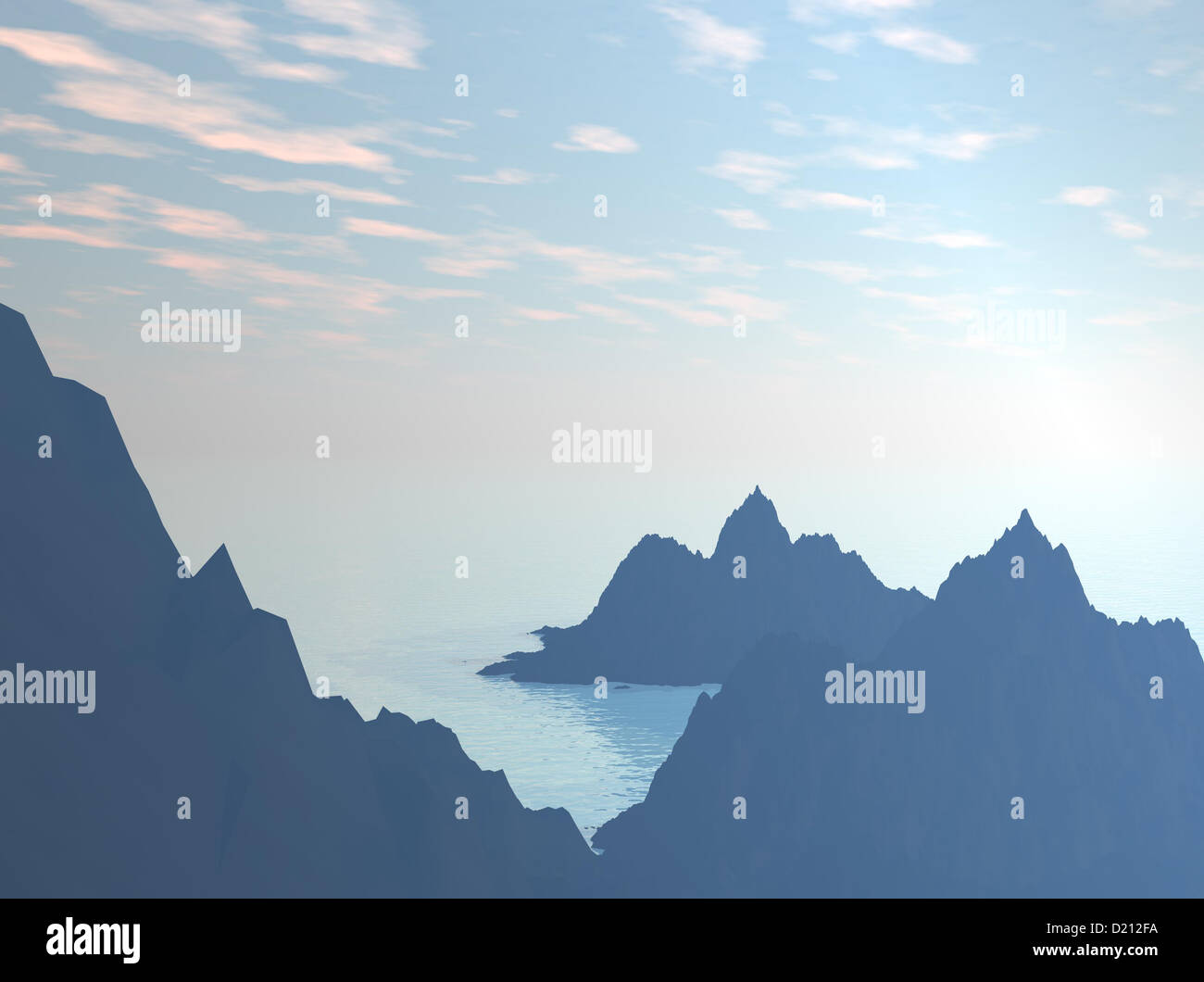 Image générée par ordinateur d'une île tropicale, au coucher du soleil Banque D'Images