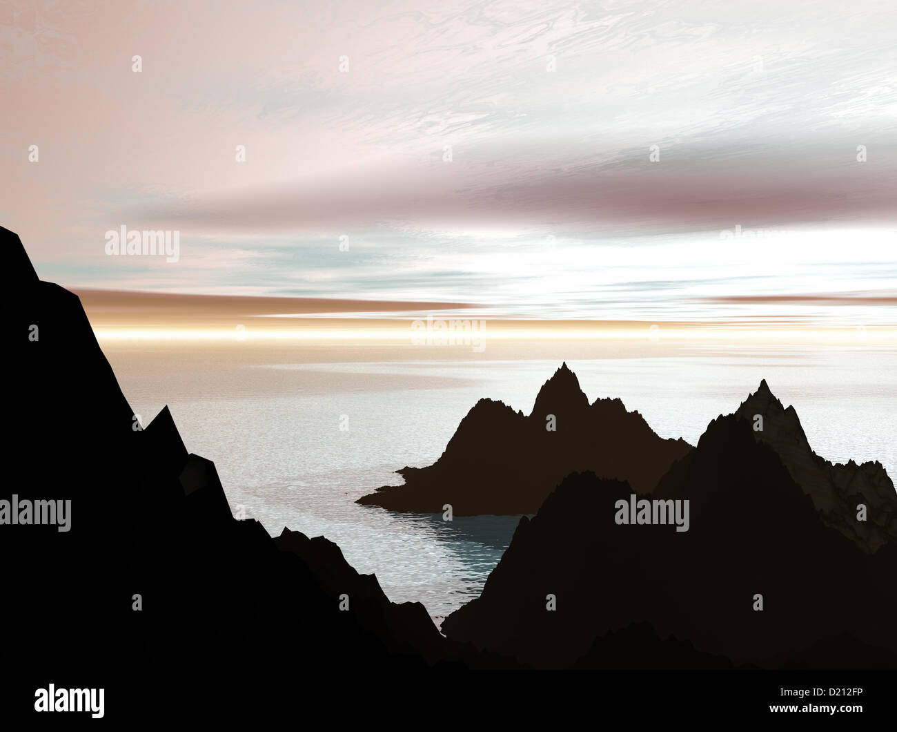 Image générée par ordinateur d'une île tropicale, au coucher du soleil Banque D'Images