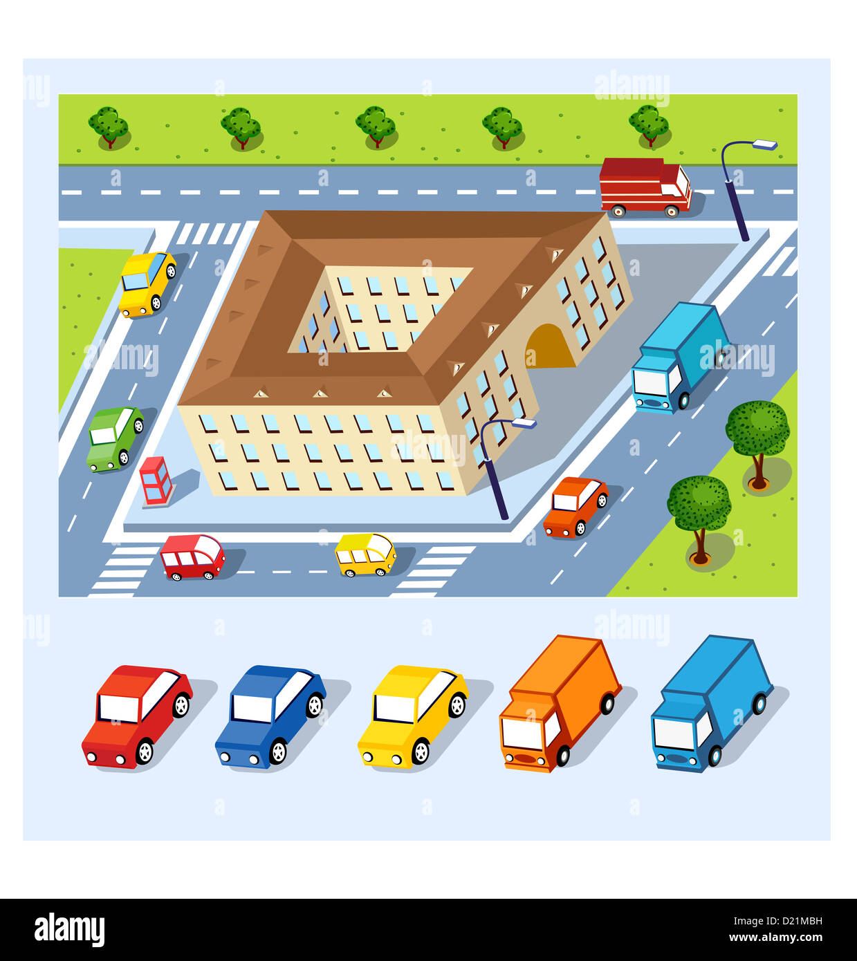 Vue en perspective du quartier de la ville avec les bâtiments et les véhicules Banque D'Images