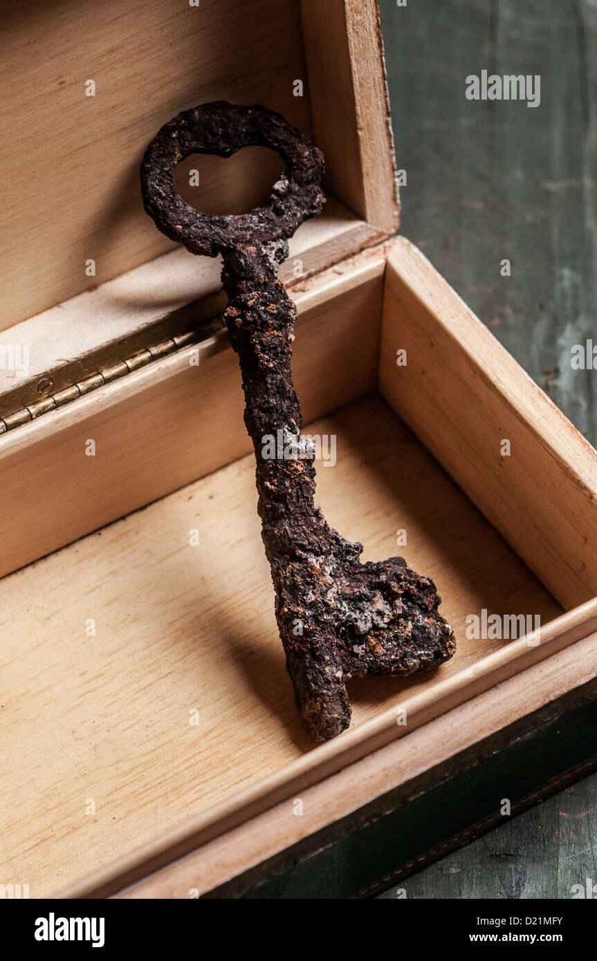 Old rusty key dans un coffret en bois Banque D'Images