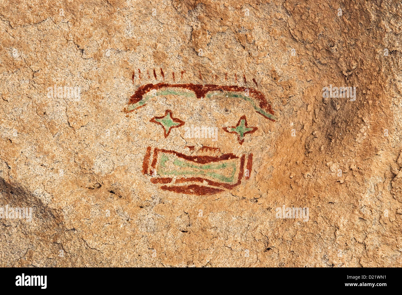 Homme Starry-Eyed, rouge et vert, le pictogramme masque par Jornada Mogollon autochtones, Hueco Tanks State Park et site historique, Texas Banque D'Images