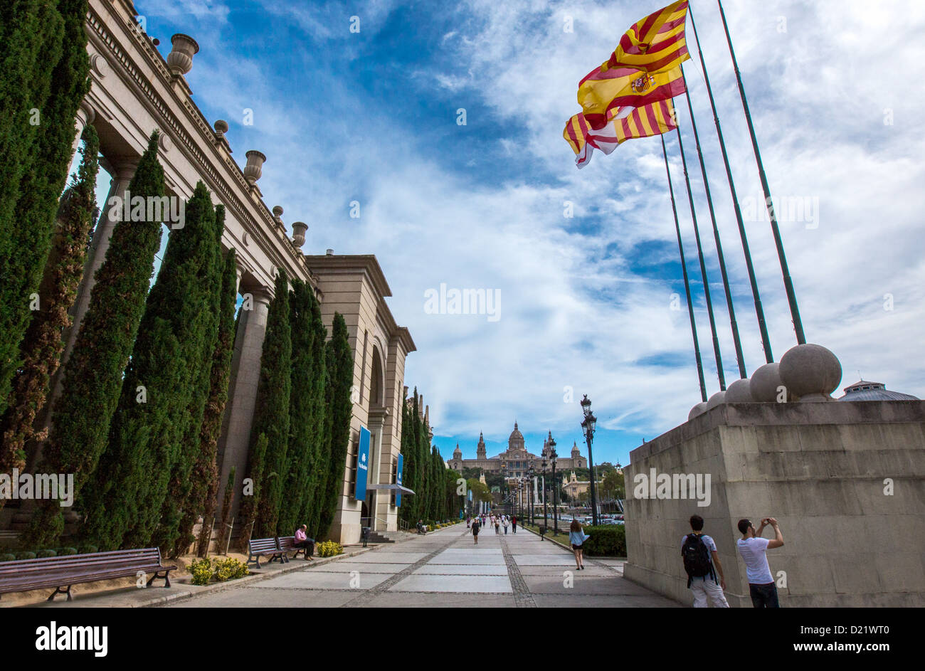 Espagne, Barcelone, la large avenue qui mène à la palais de Montjuic. Banque D'Images