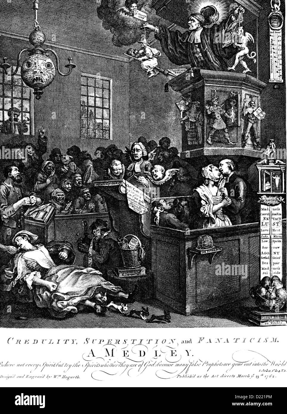 WILLIAM HOGARTH (1697-1764) peintre français. Gravure 'crédulité, la superstition et le fanatisme" publié 1762 Banque D'Images