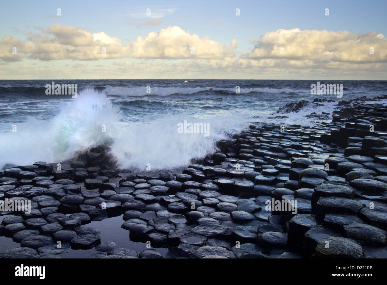 Éclaboussures des vagues sur le grand hexagone pierres de la Chaussée des géants de la côte d'Antrim, en Irlande du Nord. Banque D'Images