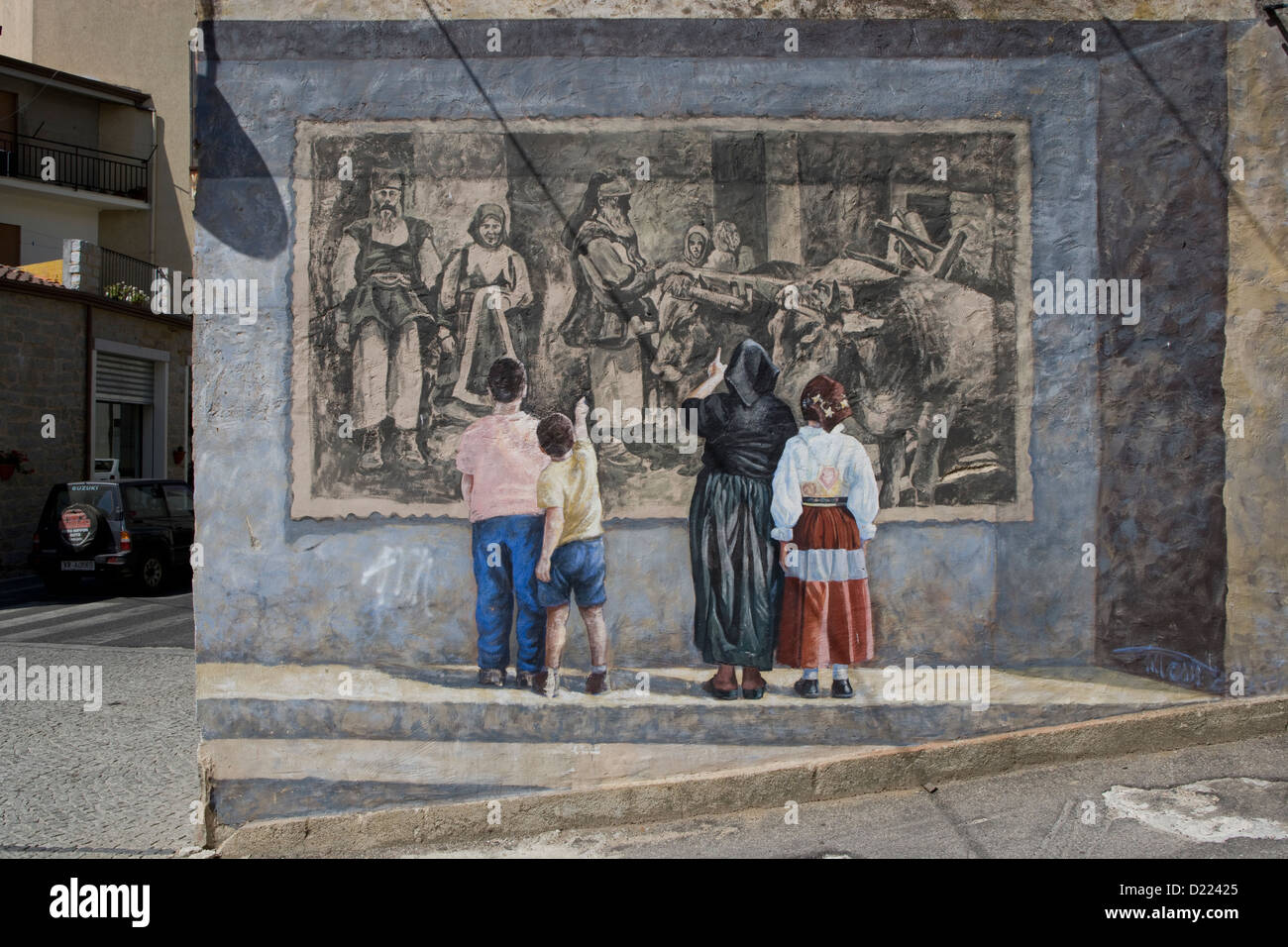 Sardaigne : Fonni - trompe l'oeil sur un bâtiment dans le centre du village Banque D'Images