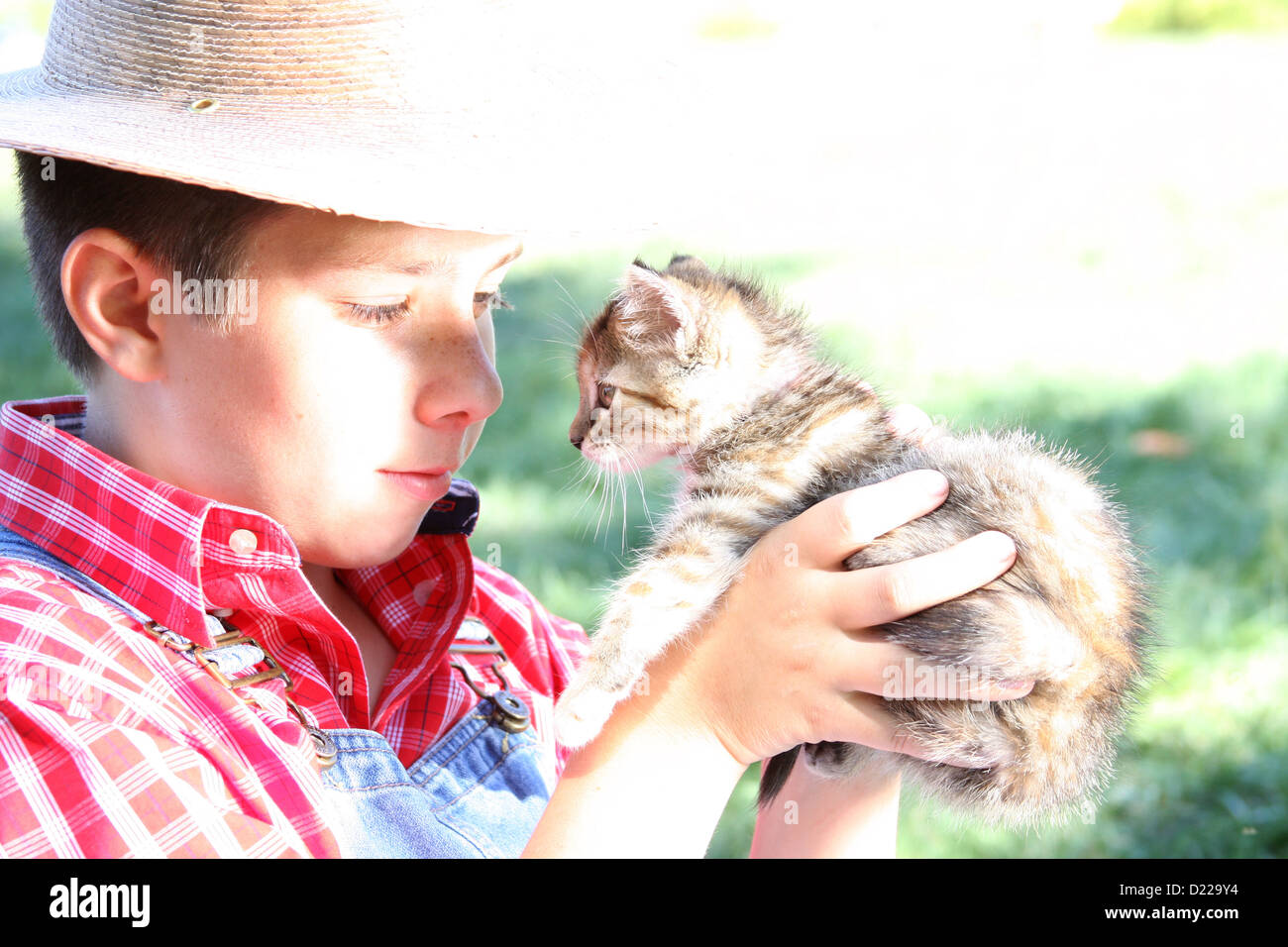 Un agriculteur garçon tenant un petit chaton Banque D'Images