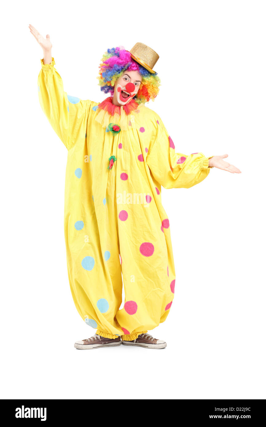 Portrait d'un drôle de clown de cirque des gestes avec les mains isolé sur fond blanc Banque D'Images