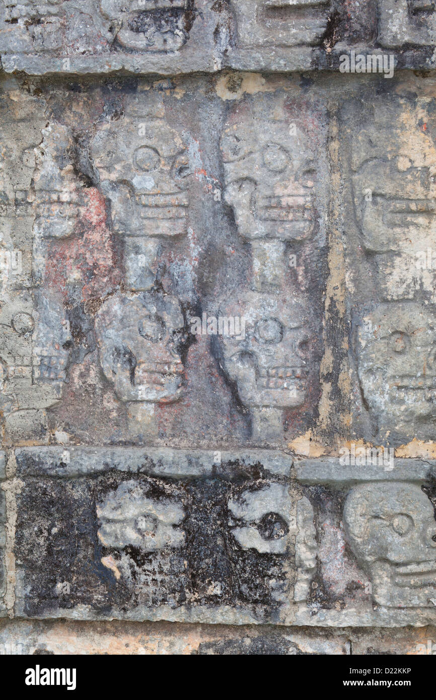 Crânes sculptés en pierre sur le Tzompantli à Chichen Itza, Yucatan, Mexique Banque D'Images