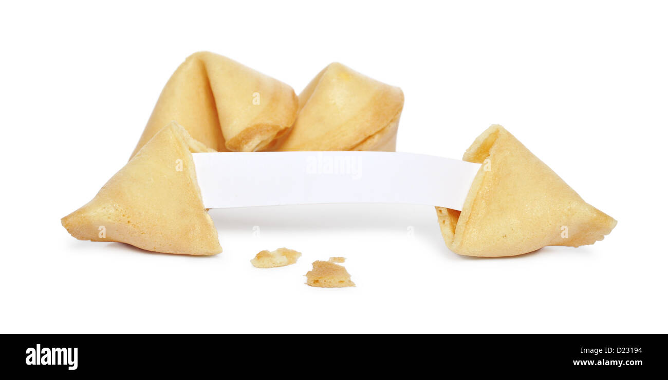 Fortune cookies avec glissement en blanc isolé sur fond blanc Banque D'Images