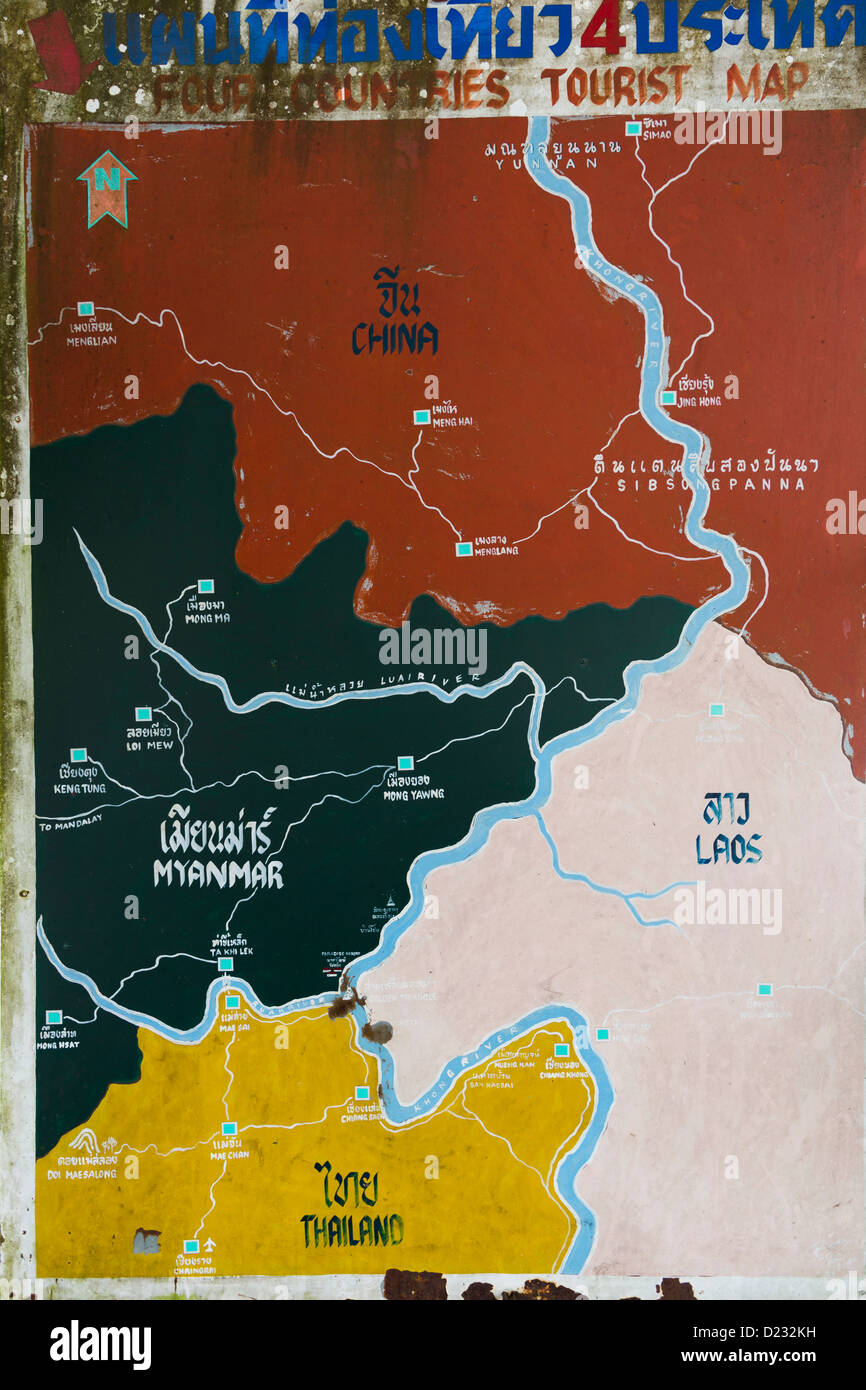 Carte de la triangle d'où la Thaïlande, le Laos et Myanmar rencontrez le long du Mékong Banque D'Images