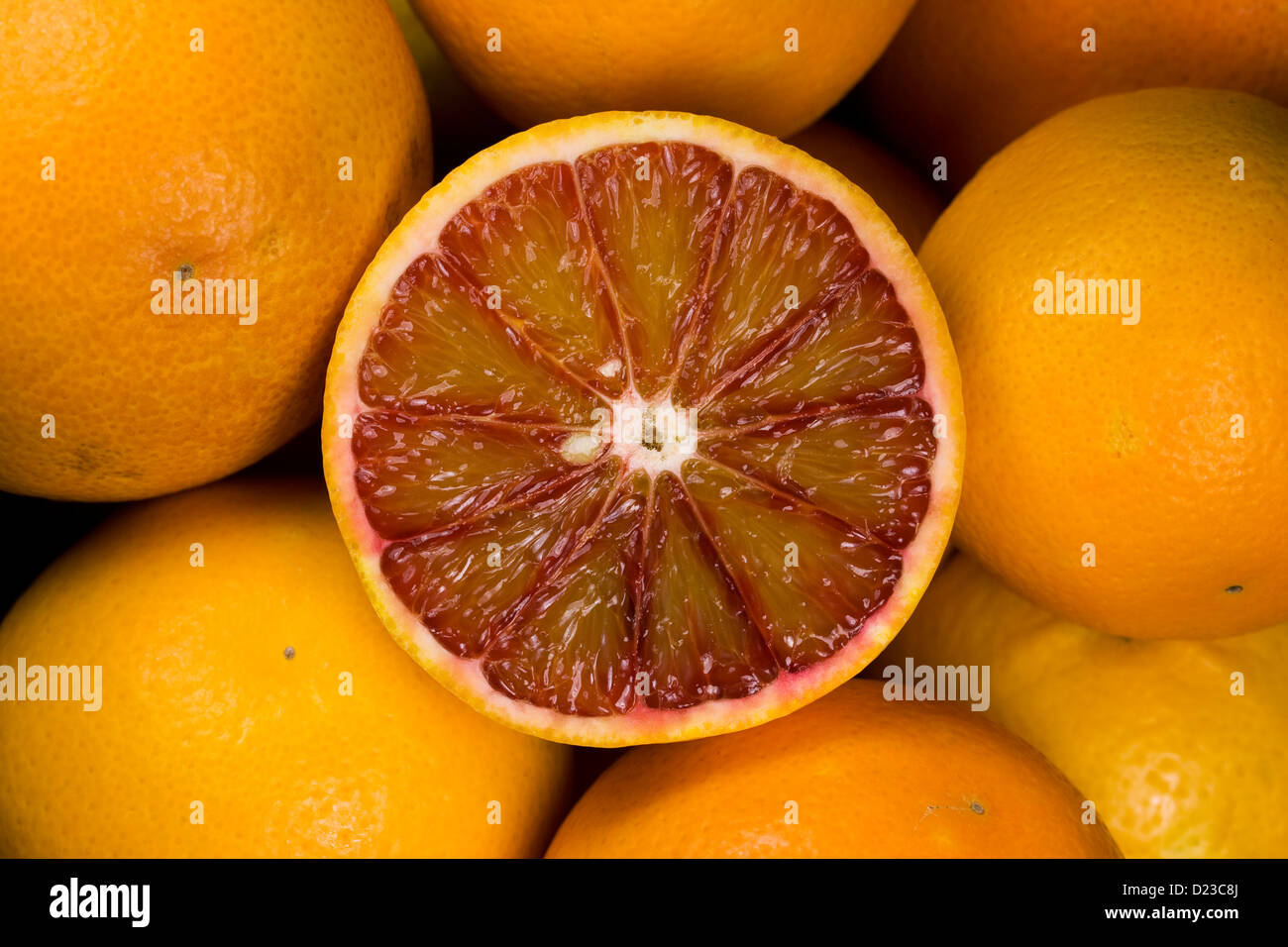 Citrus x sinenesis. Orange sanguine dans un bol de fruits. Banque D'Images