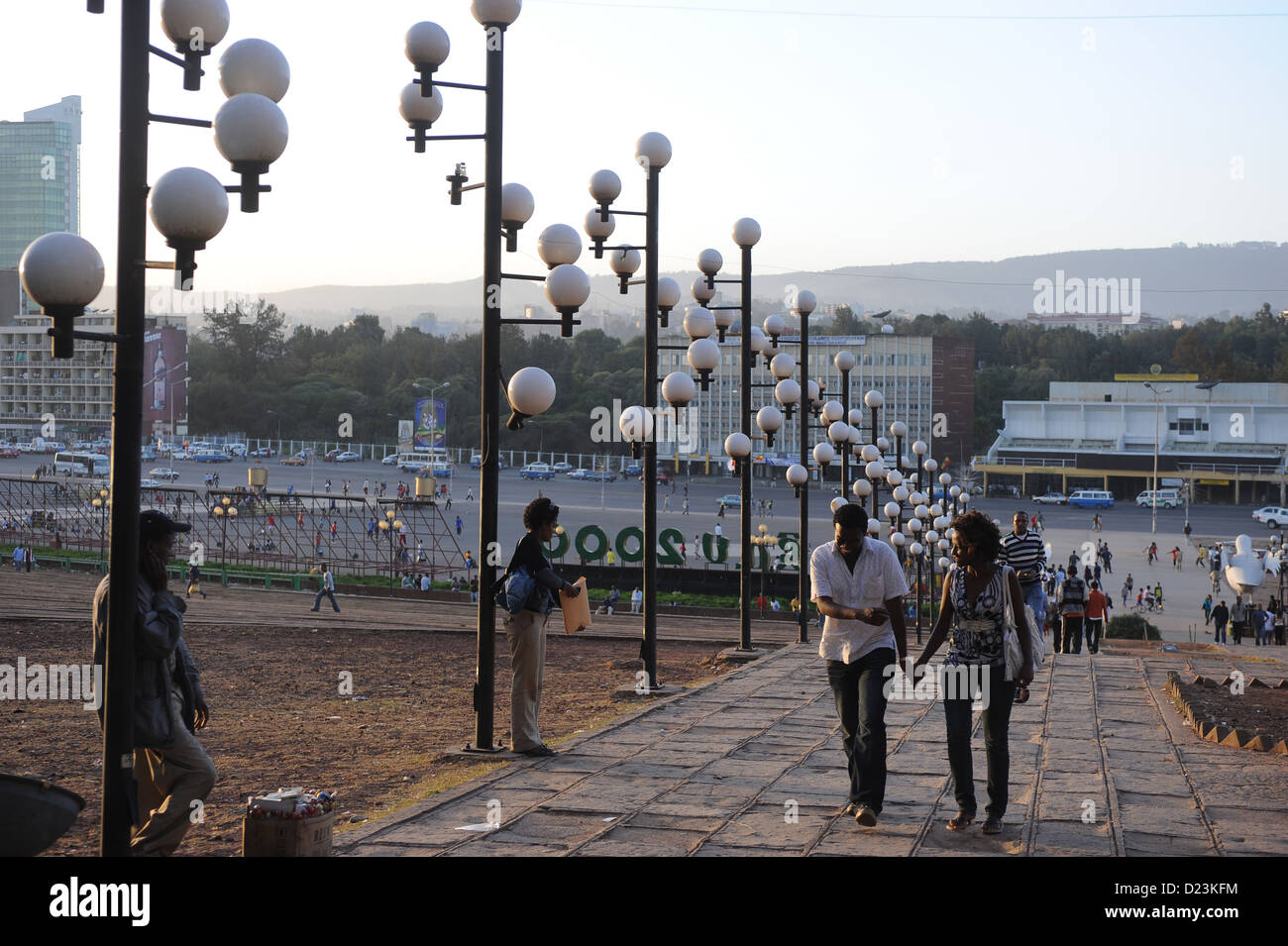 Addis Abeba, Ethiopie, le soir à la place Meskel Meskel Square. Banque D'Images