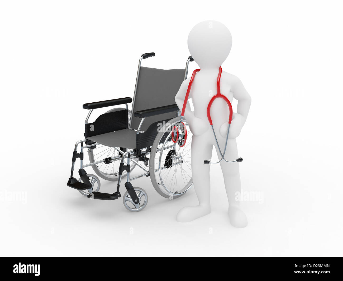 Doctor with stethoscope et whellchair isolé sur blanc l'arrière-plan. 3d Banque D'Images