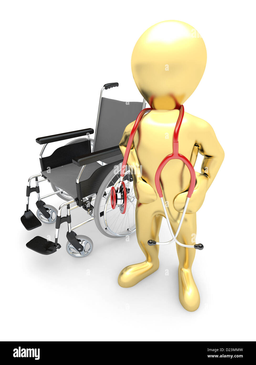 Doctor with stethoscope et whellchair isolé sur blanc l'arrière-plan. 3d Banque D'Images
