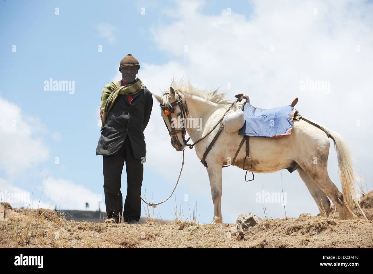 Mangudo, l'Éthiopie, un agriculteur avec son cheval dans un champ Banque D'Images