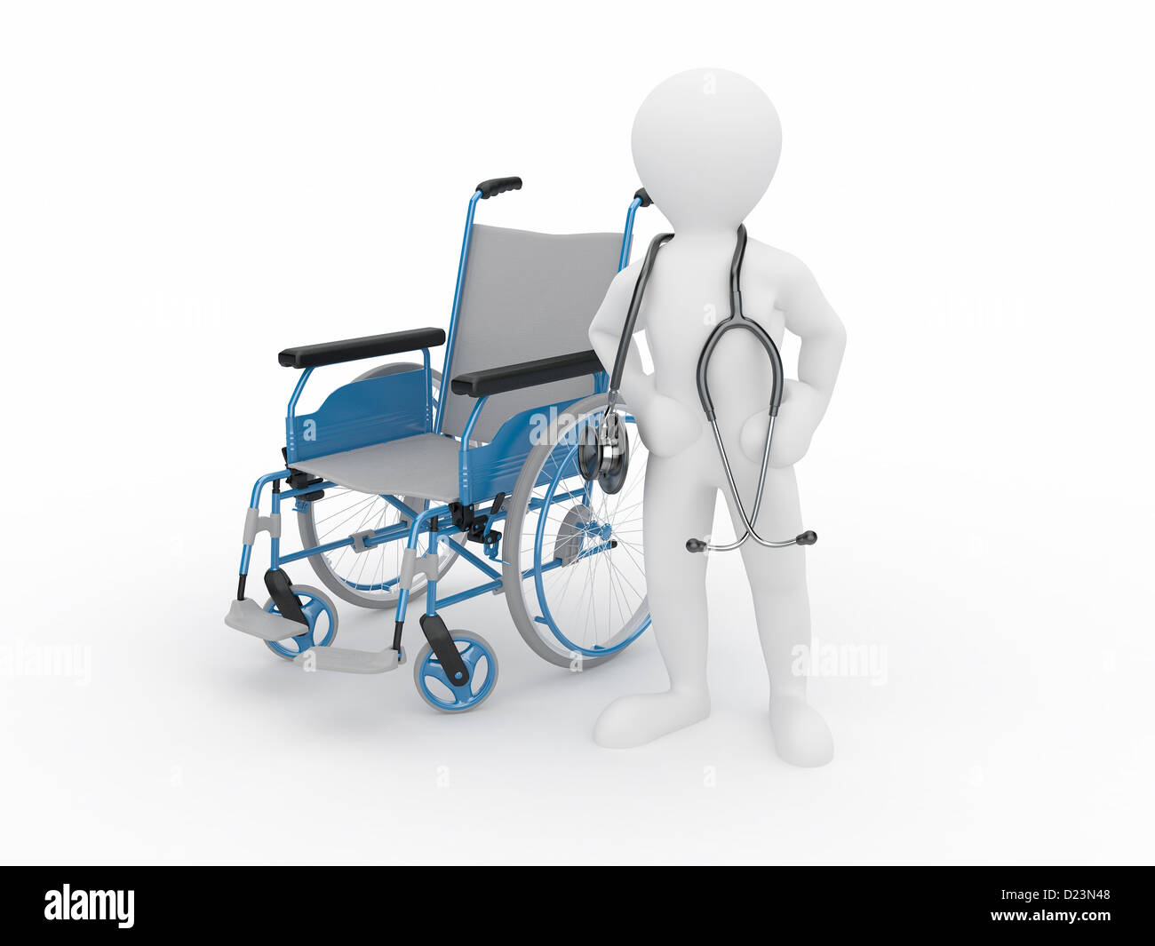 Doctor with stethoscope et whellchair isolé sur blanc l'arrière-plan. 3d Banque D'Images