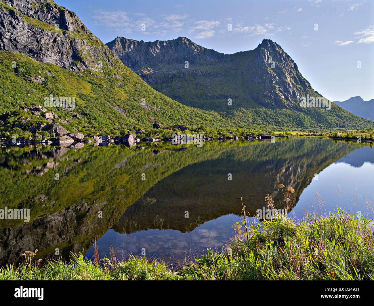 Lake gards et des sommets environnants dans la gamme Hatinden sur l'île de Vestvagoy, dans le nord de la Norvège Banque D'Images