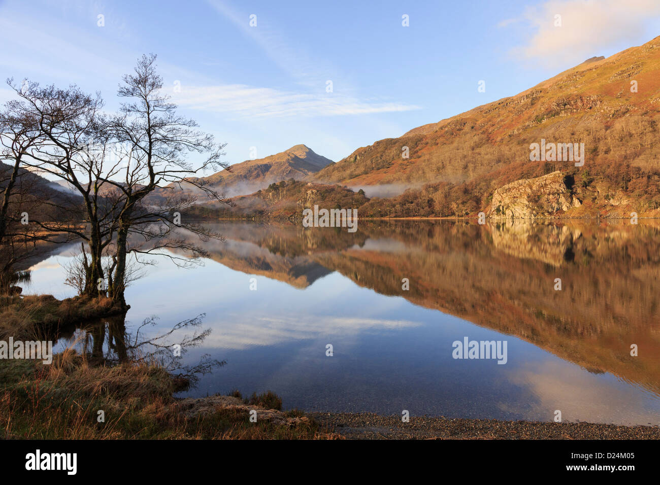 Scène tranquille avec vue sur Yr Aran et des reflets d'eau dans le lac Llyn Gwynant dans les montagnes du parc national de Snowdonia. Pays de Galles du Nord Grande-Bretagne Banque D'Images
