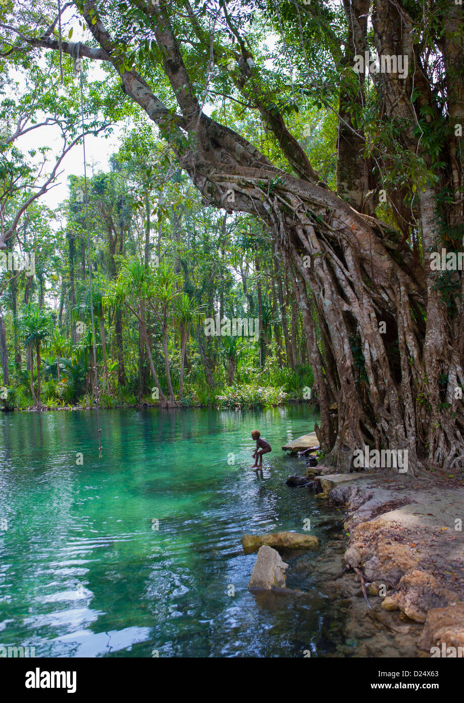 L'eau verte, la rivière de l'île de la Nouvelle-irlande, Laraibina Village, Papouasie Nouvelle Guinée Banque D'Images
