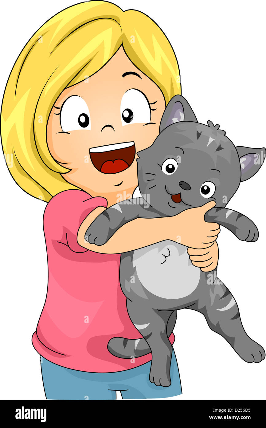 Illustration d'une petite fille Hugging a Cat Banque D'Images