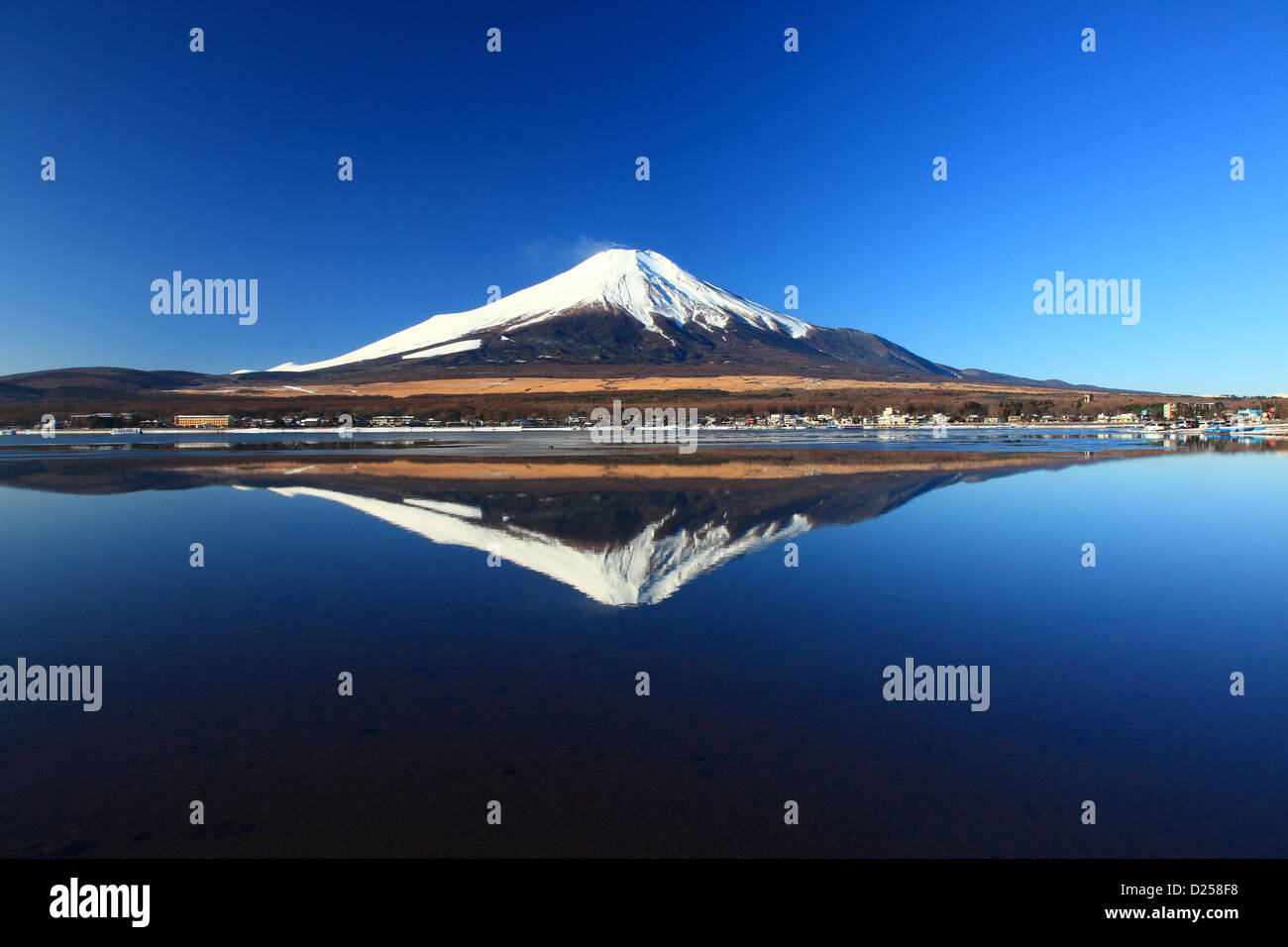 Le Mont Fuji reflétée sur le lac Yamanaka, préfecture de Yamanashi Banque D'Images