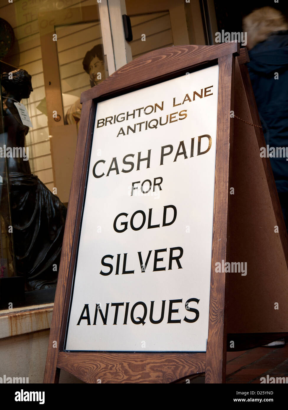 BRIGHTON LANES signe des bijoutiers qui indique « Cash Paid for Gold Silver antiques » Banque D'Images