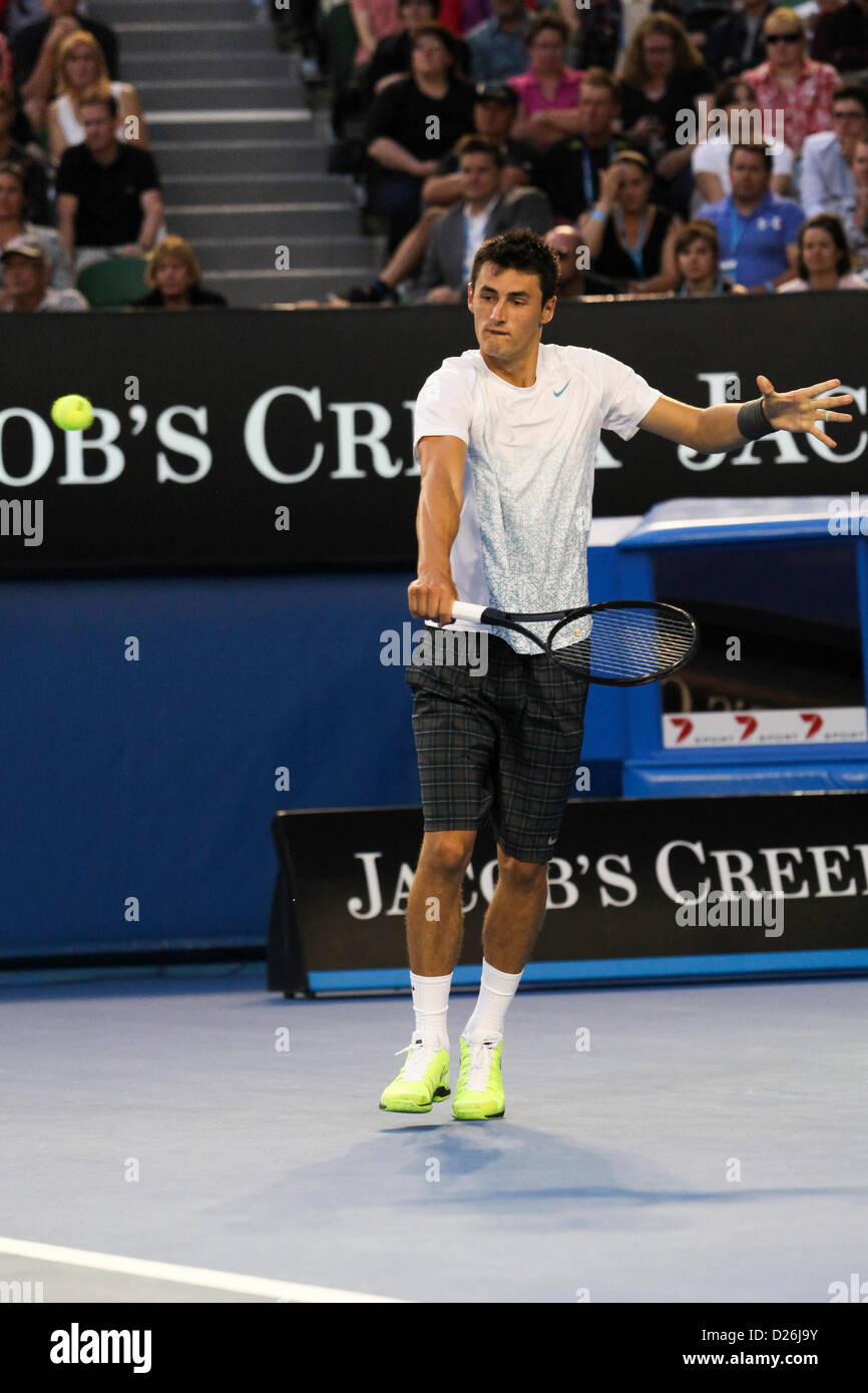 Melbourne, Australie. 15 janvier 2013. Bernard Tomic (AUS) au cours de la deuxième journée de l'Australian Open de Tennis Grand Chelem à Melbourne Park, Melbourne, Australie. Banque D'Images