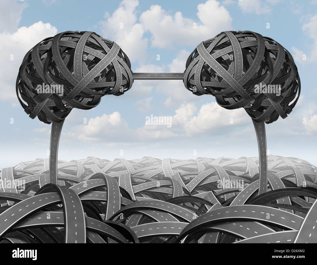 Gestion des partenariats intelligents avec les routes et autoroutes emmêlées sous forme d'un cerveau humain avec un chemin connecté formant une union européenne et de l'équipe de succès d'entreprise sur un fond de ciel. Banque D'Images