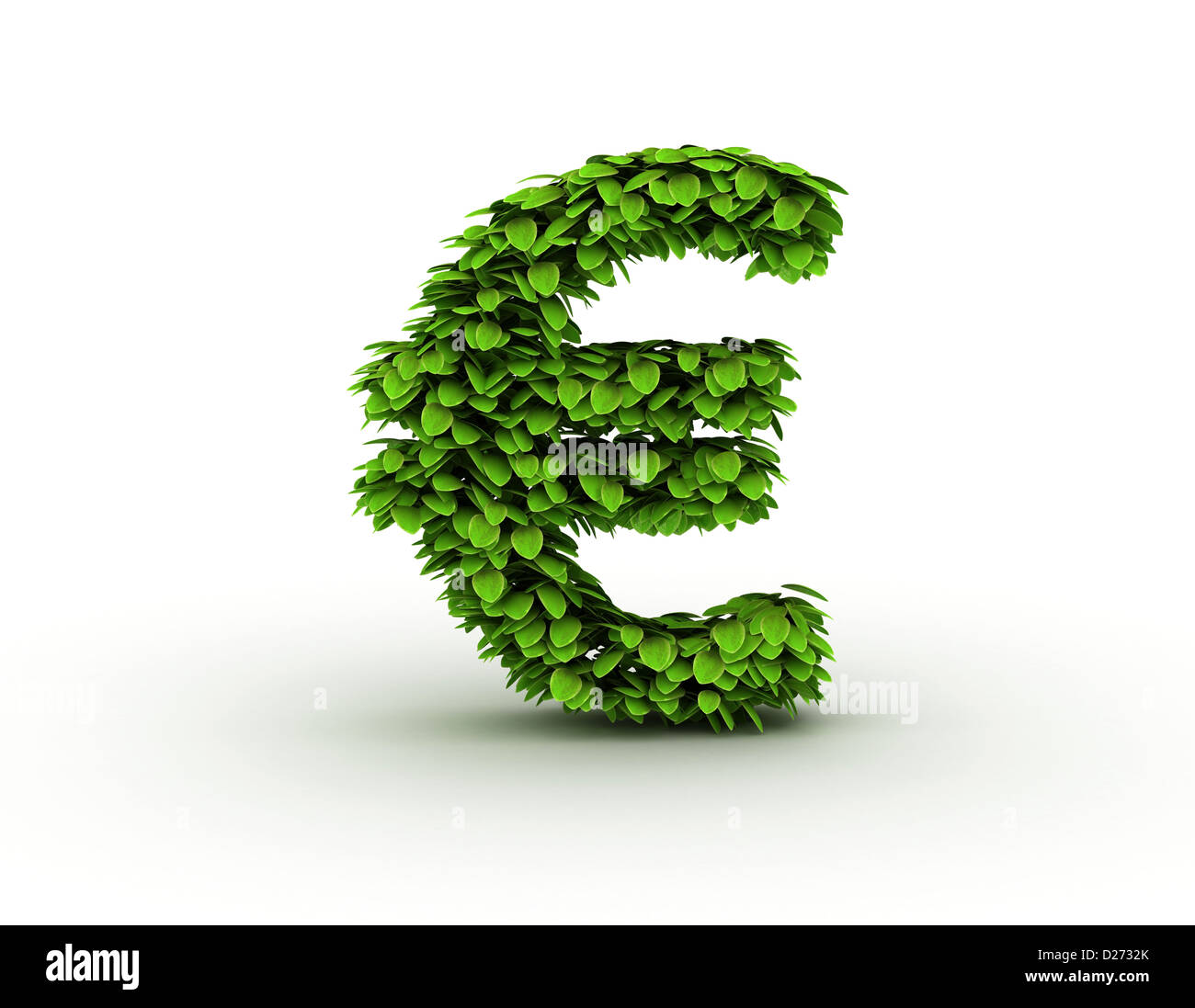 L'euro, l'alphabet de feuilles vert isolé sur fond blanc, minuscules Banque D'Images