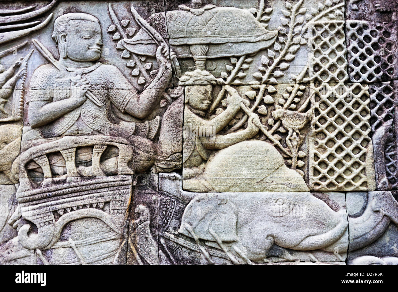 Reliefs au temple Bayon, Angkor Wat, au Cambodge Banque D'Images
