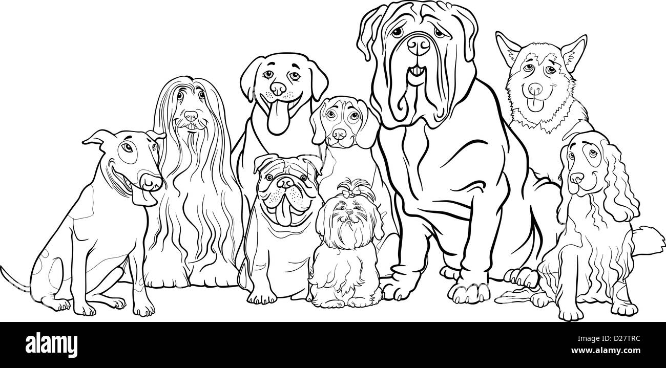 Illustration Cartoon noir et blanc de Pure Race chiots chiens drôles ou Groupe pour Coloring Book Banque D'Images