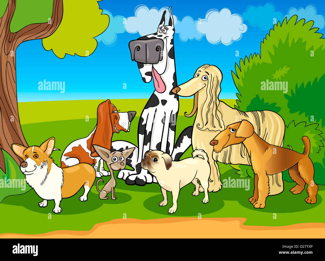 Cartoon Illustration de race chiens Chiots mignons ou groupe contre scène rurale avec ciel bleu Banque D'Images