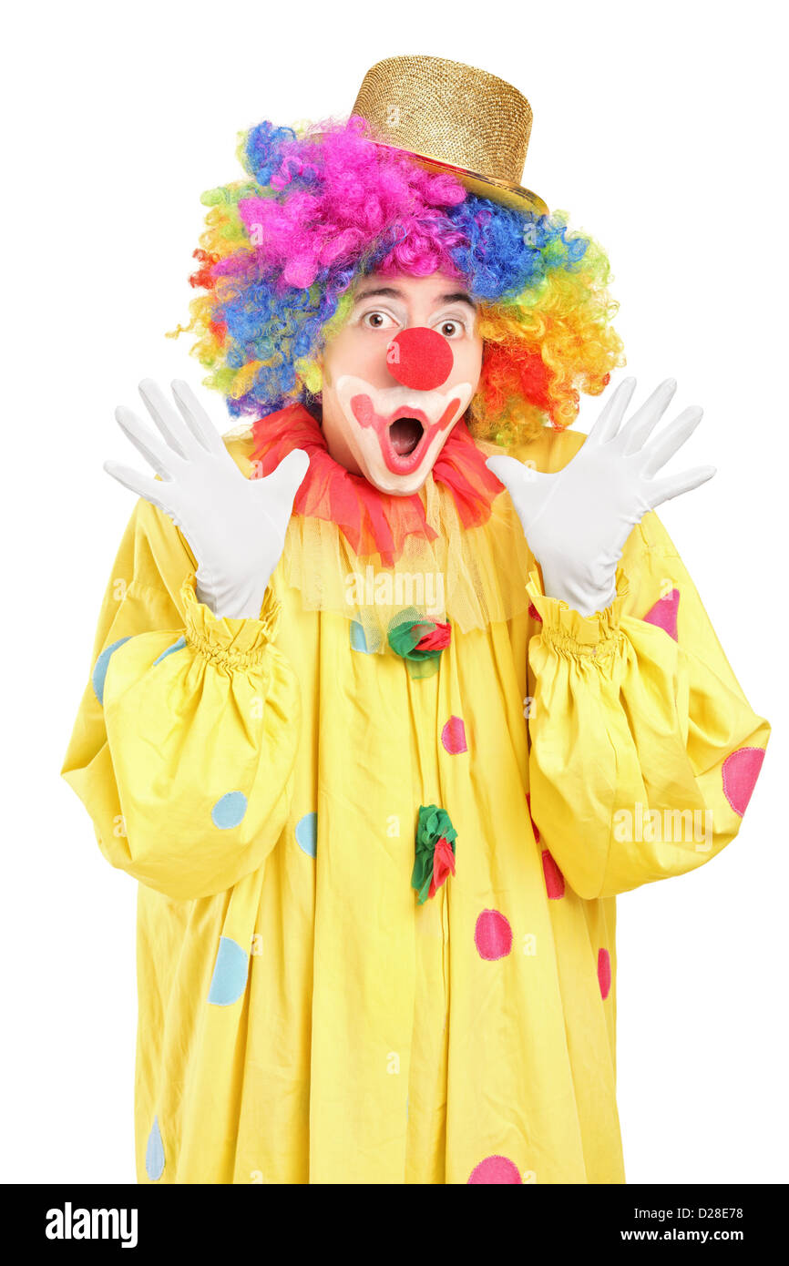 Funny clown gesticulant avec mains isolé sur fond blanc Banque D'Images