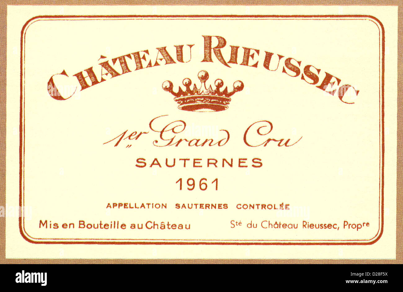 SAUTERNES 1961 étiquette Château Rieussec vin blanc doux Grand Cru classé étiquette bouteille Sauternes Banque D'Images