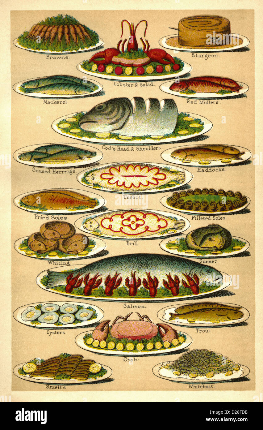 POISSON VICTORIAN MRS BEETONS1890 lithographie couleur Mrs Beetons Cookery Book illustrant une variété de plats exotiques de luxe victoriens de poisson Banque D'Images