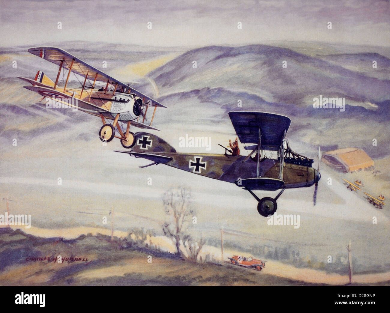 Le capitaine pilote français Georges Guynemer Downs un Albatros allemand C-3, peinture, Charles H. Hubbell, 1917 Banque D'Images
