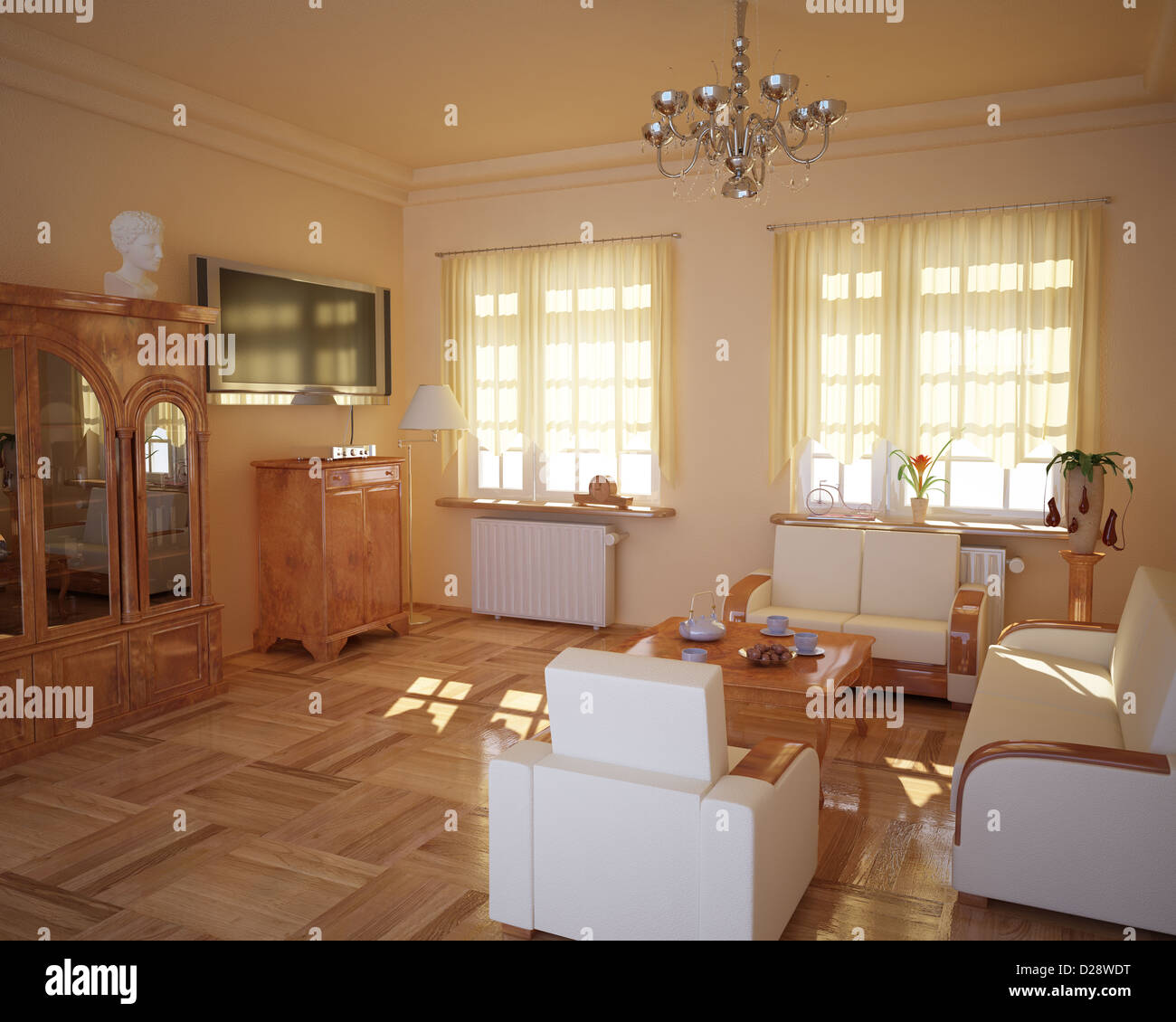 Salon de style classique, avec du soleil derrière les rideaux. Banque D'Images