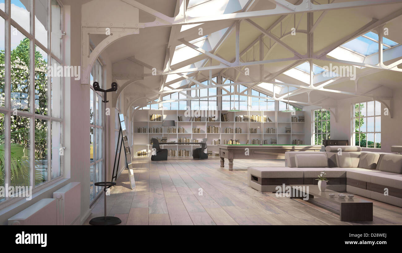 Loft de luxe intérieurs, à l'ancienne structure métallique au plafond et l'atmosphère particulière. Banque D'Images