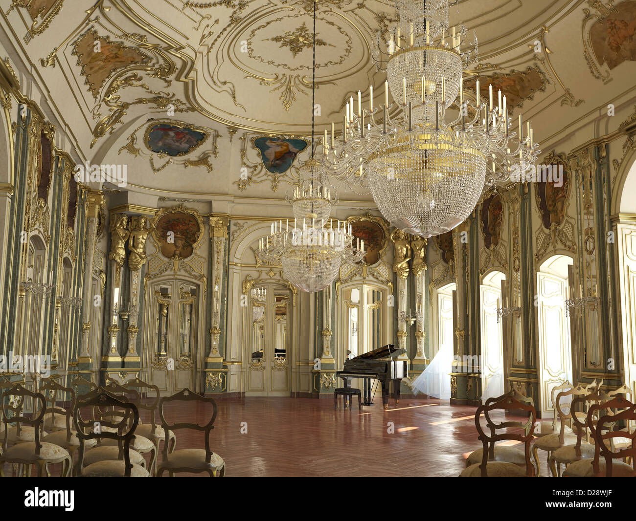 Majestic grand piano décoration salle de concert. Avec des décorations d'or, sculptures, fresques et des lustres. Banque D'Images