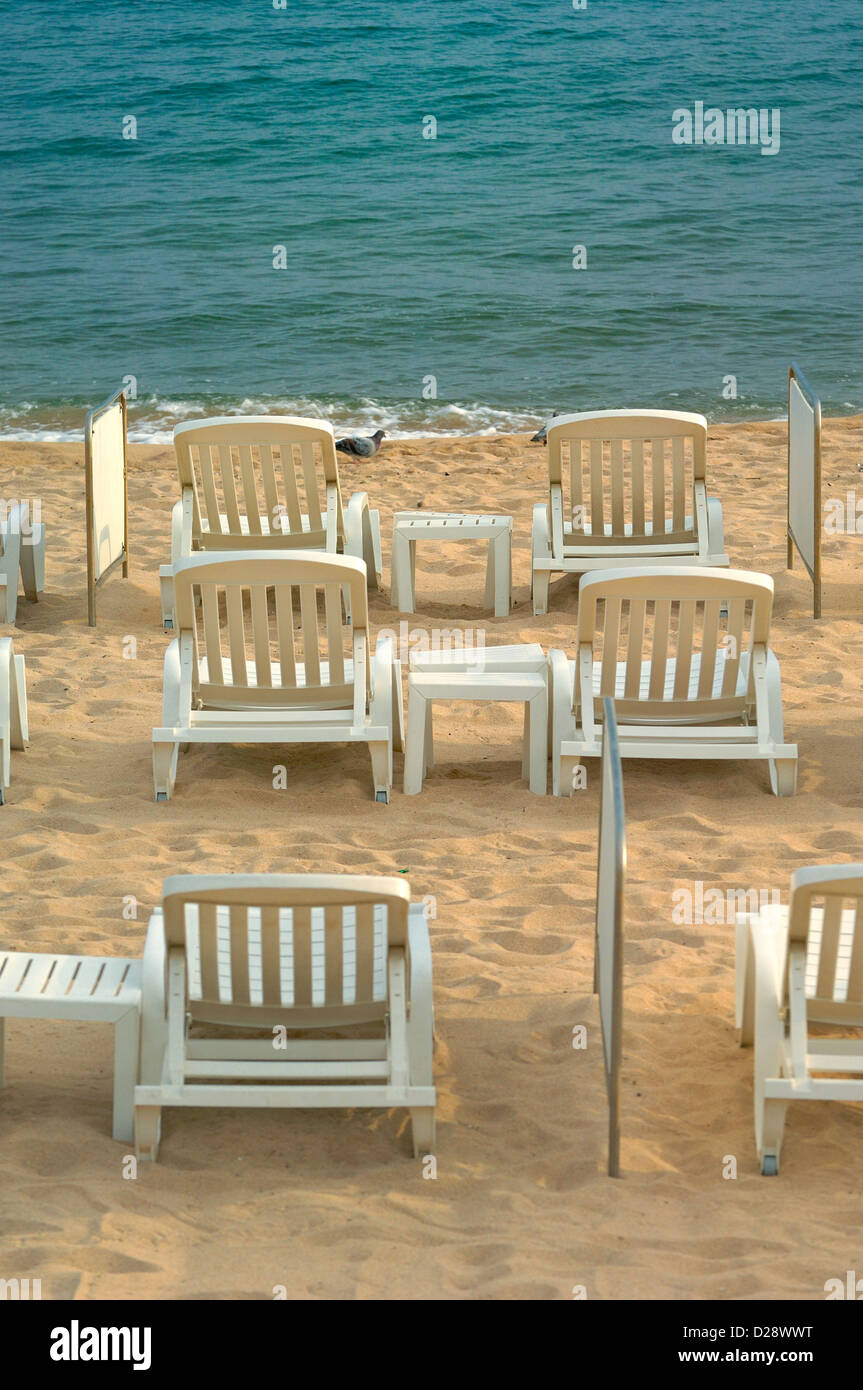 Chaises blanches sur la plage Banque D'Images