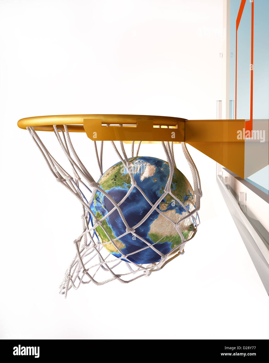Globe terrestre en centrant le panier de basket-ball), (avec le globe à l'intérieur du filet, vue rapprochée, sur fond blanc. Banque D'Images