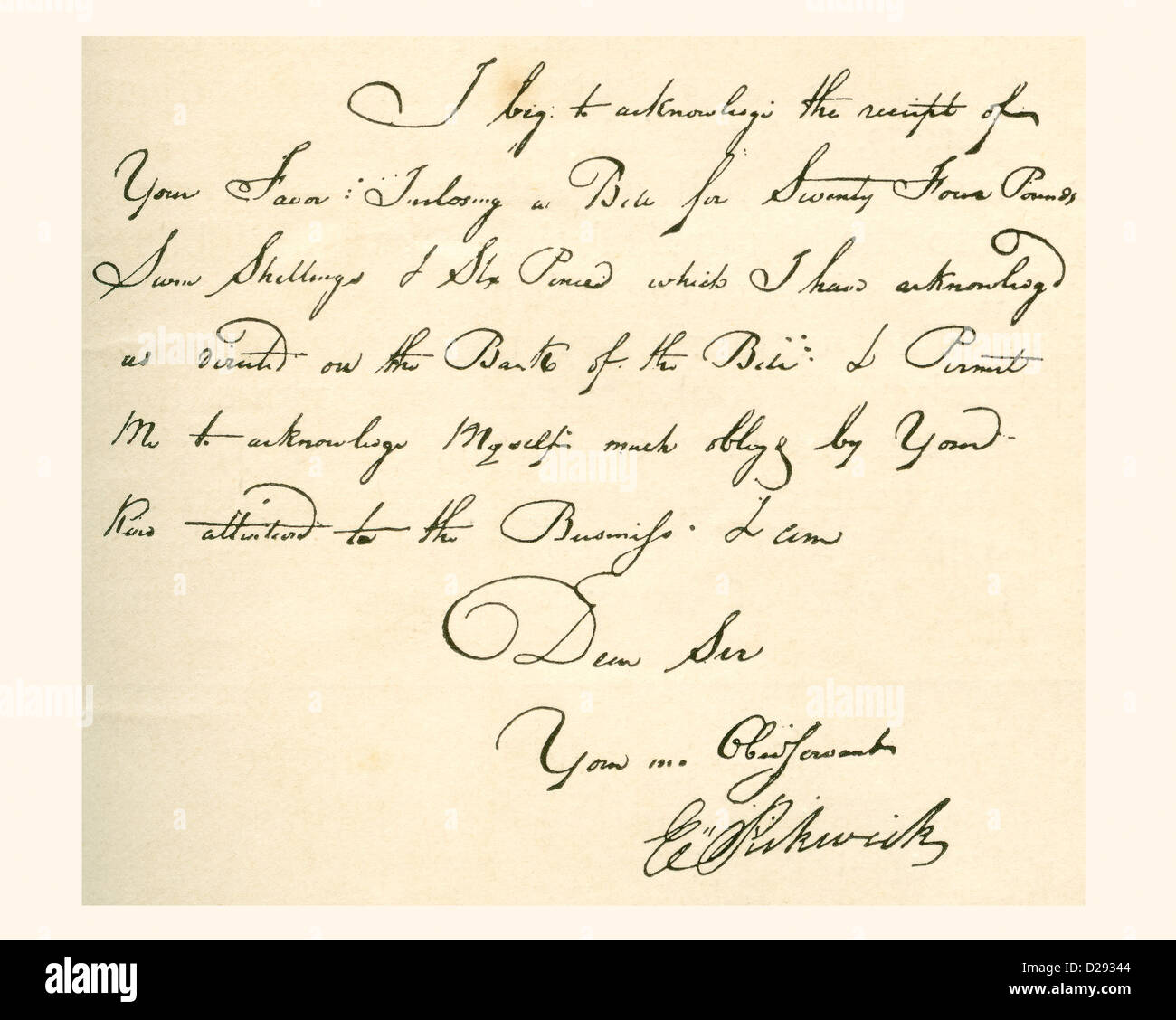 La réception, daté 1802, signé par E. Pickwick, un entraîneur titulaire de qui a pris le nom de Charles Dickens pour le Pickwick Papers. Banque D'Images